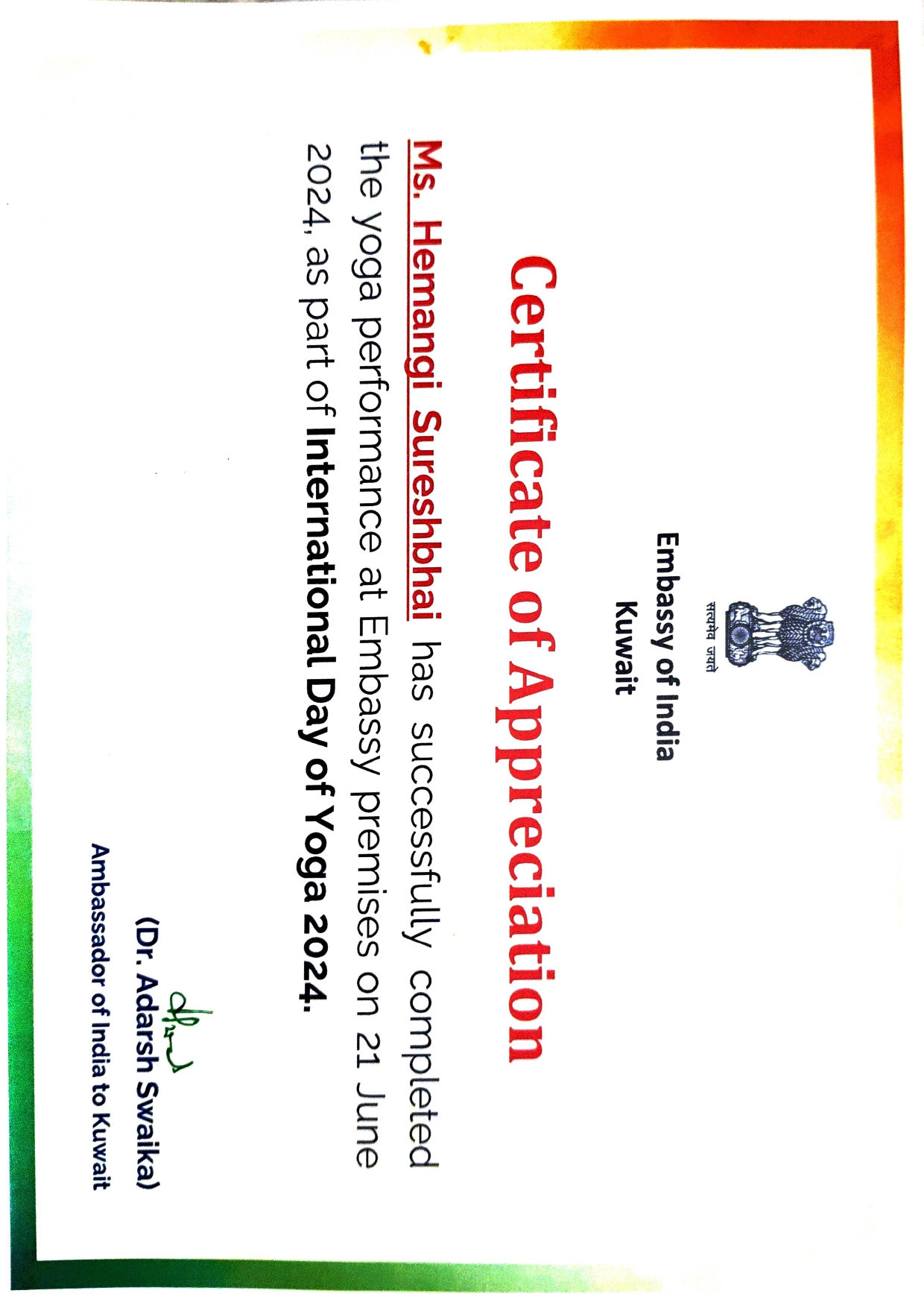 Embassy of India Certificate of Appreciation — Yoga performance, International Day of Yoga 2024